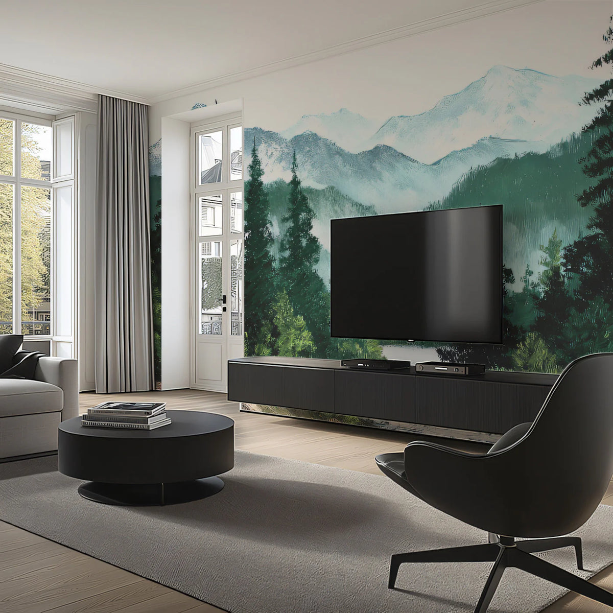 Alpine River Forest Mural Wallpaper — Painted Mountain Landscape Mural Wallpaper - pure wallpaper artwork