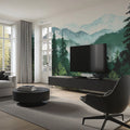 Alpine River Forest Mural Wallpaper — Painted Mountain Landscape Mural Wallpaper - pure wallpaper artwork