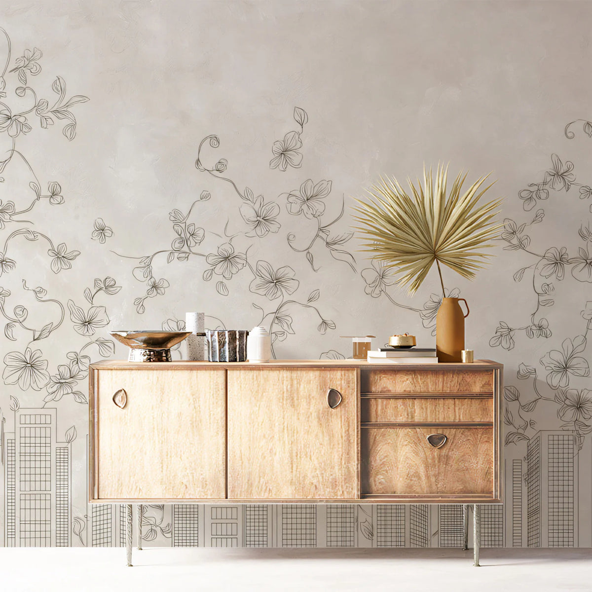 Urban Floral Skyline Mural Wallpaper — Minimalist Line Art Decor Mural Wallpaper - pure wallpaper artwork