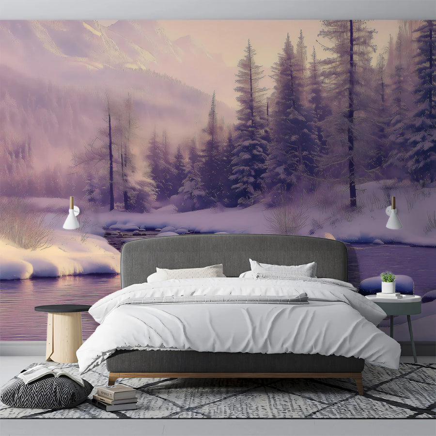 Misty Winter River Mural Wallpaper — Ethereal Snowy Landscape Mural Wallpaper