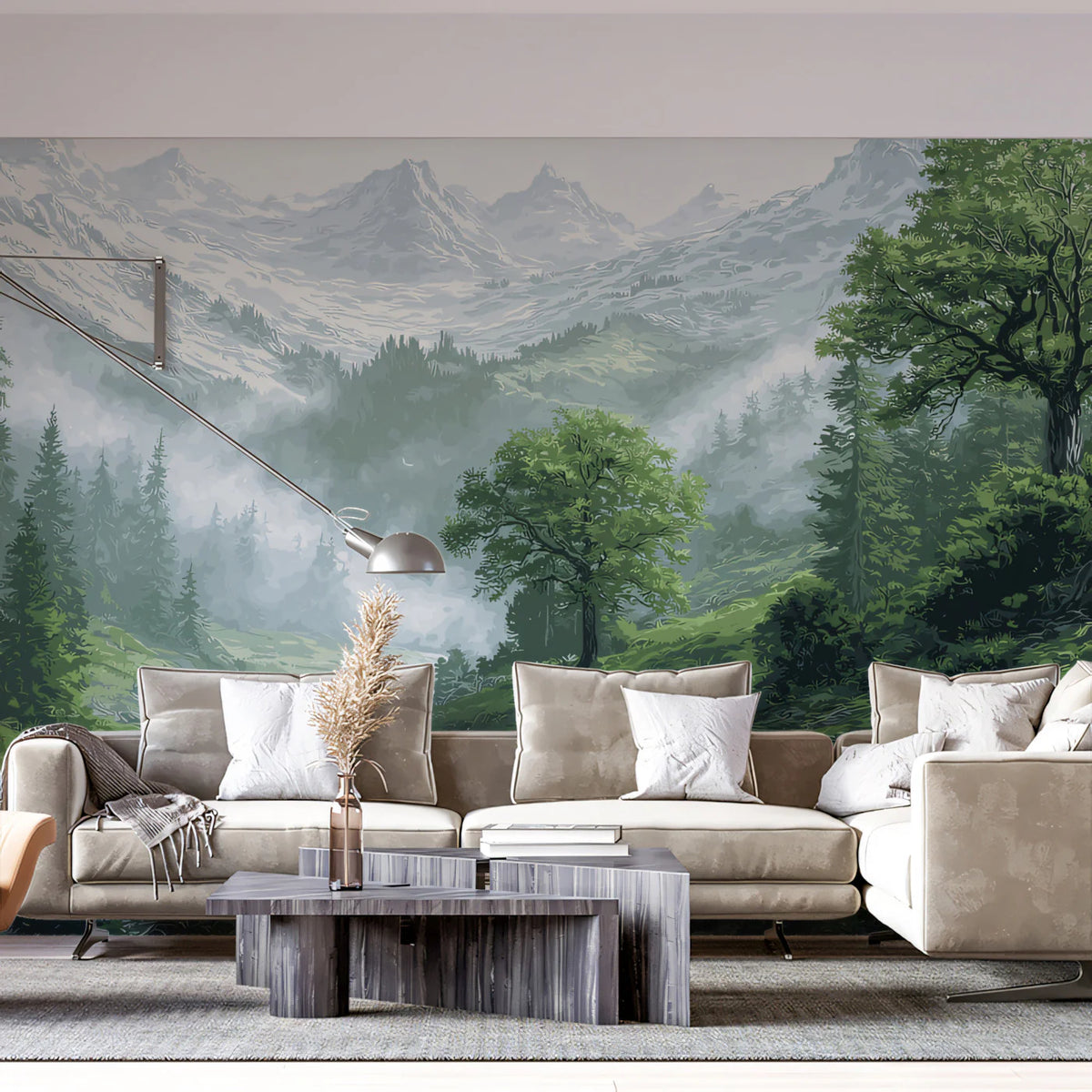 Misty Alpine Valley Mural Wallpaper — Impressionistic Mountain Scene Mural Wallpaper - pure wallpaper artwork