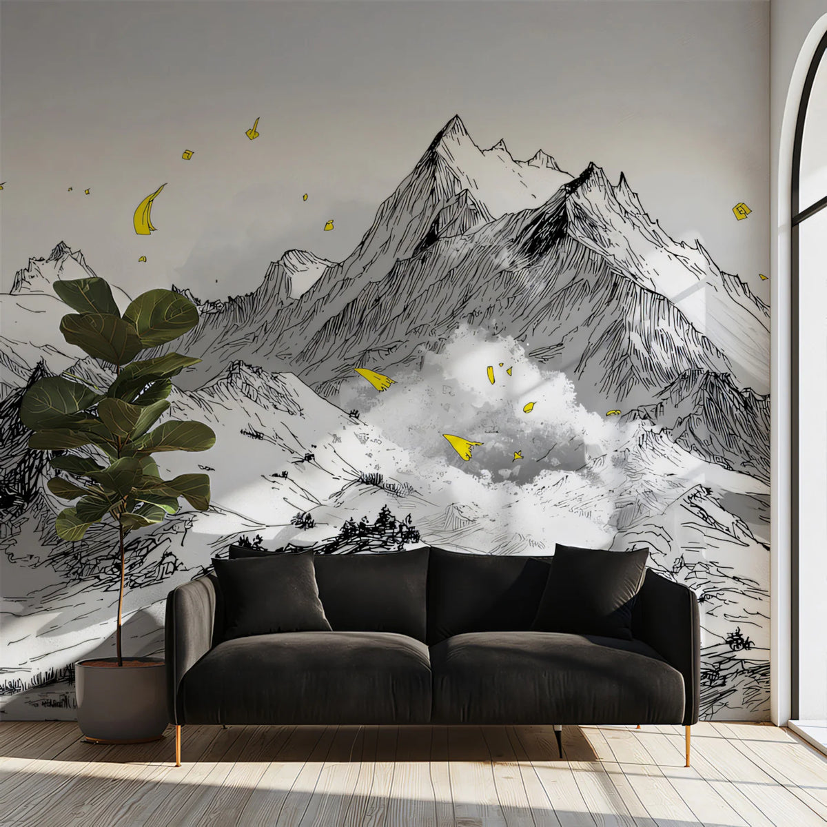 Ink Mountain Peaks Mural Wallpaper — Modern Sketch with Golden Accents Mural Wallpaper - pure wallpaper artwork