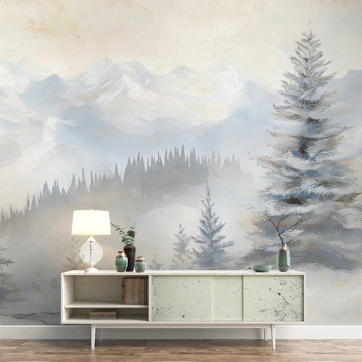 Alpine Winter Landscape Mural Wallpaper — Impressionistic Oil Style Mural Wallpaper - pure wallpaper artwork