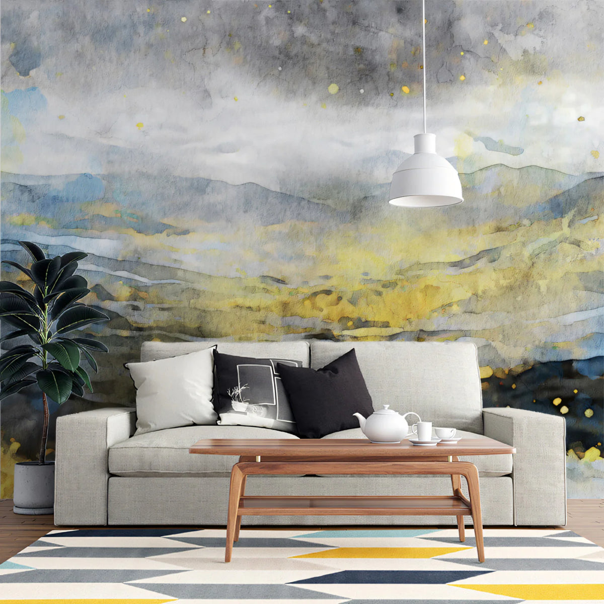 Golden Mist Mountain Mural Wallpaper — Abstract Watercolor Landscape Mural Wallpaper - pure wallpaper artwork