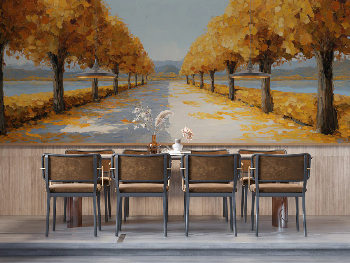 Golden Lakeside Promenade Mural — Impressionist Autumn Landscape Mural Wallpaper - pure wallpaper artwork
