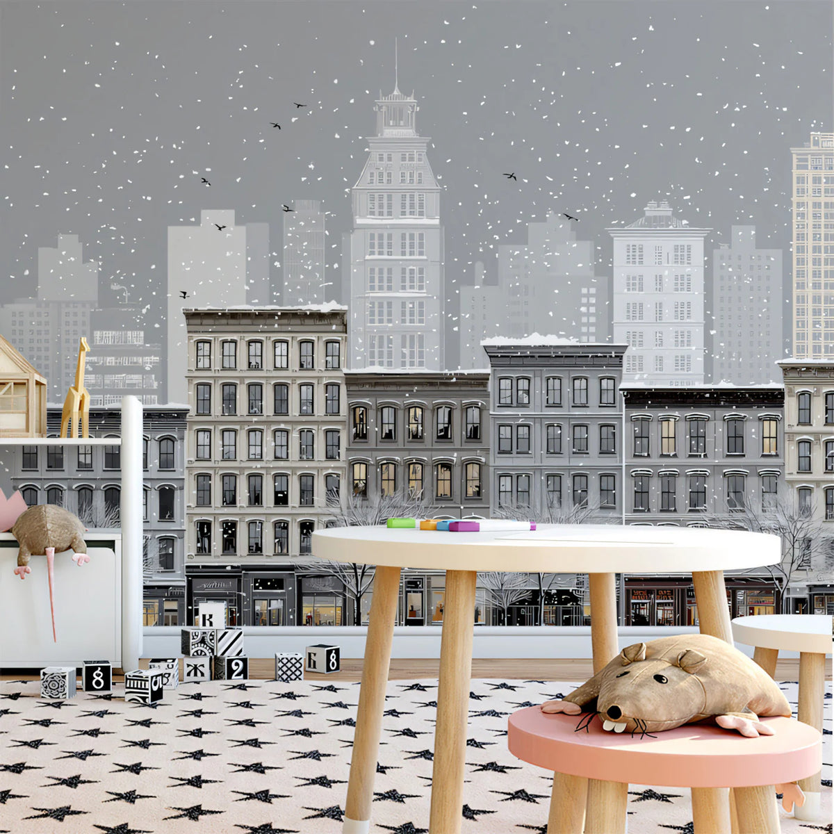 Snowy Vintage Cityscape Mural Wallpaper —Classic Urban Illustration Mural Wallpaper - pure wallpaper artwork