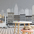 Snowy Vintage Cityscape Mural Wallpaper —Classic Urban Illustration Mural Wallpaper - pure wallpaper artwork