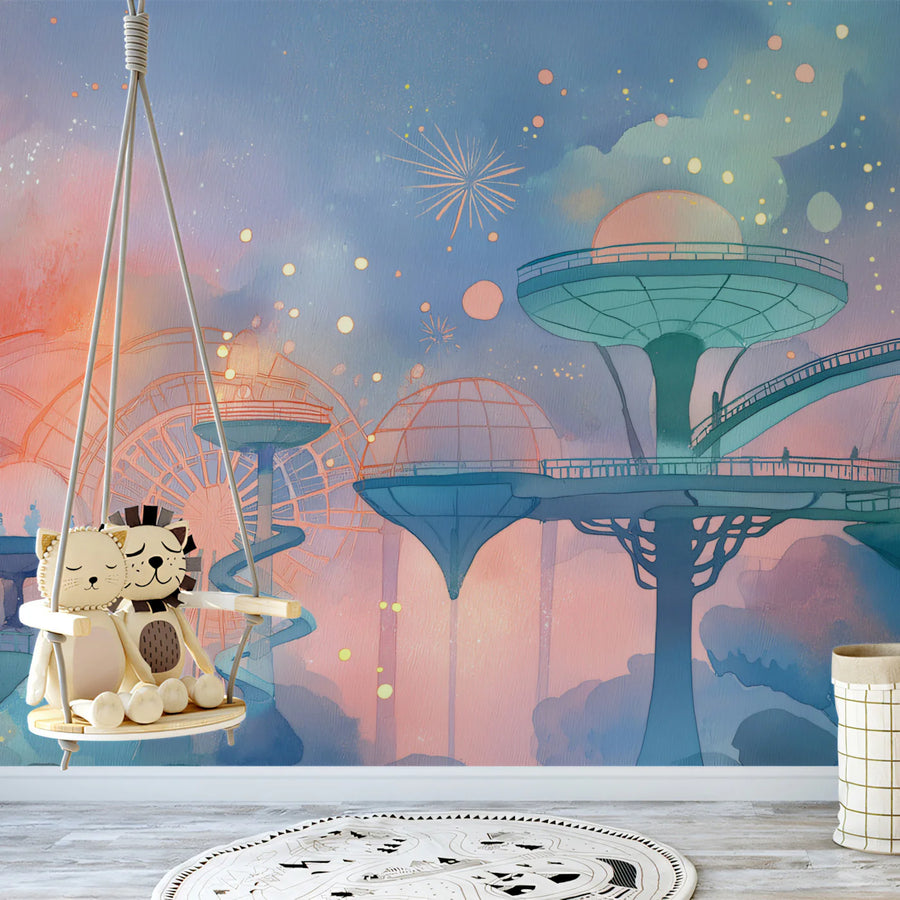 Floating City Watercolor Mural Wallpaper — Ethereal Skyscape Mural Wallpaper