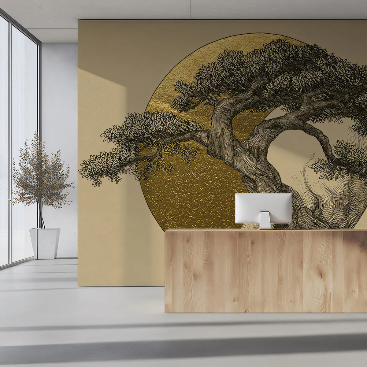 Golden Zen Bonsai Tree Mural Wallpaper — Minimalist Fine Art Mural Wallpaper - pure wallpaper artwork