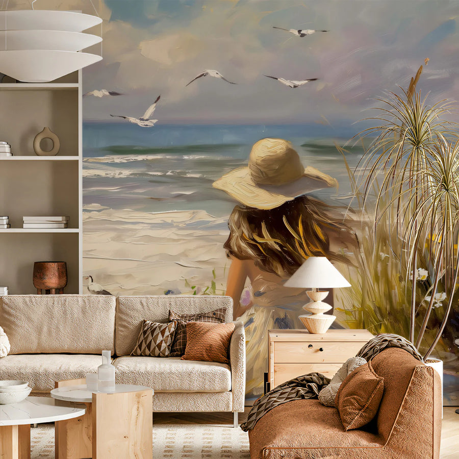 Impressionist Seaside Girl Mural Wallpaper — Painterly Coastal Art Mural Wallpaper