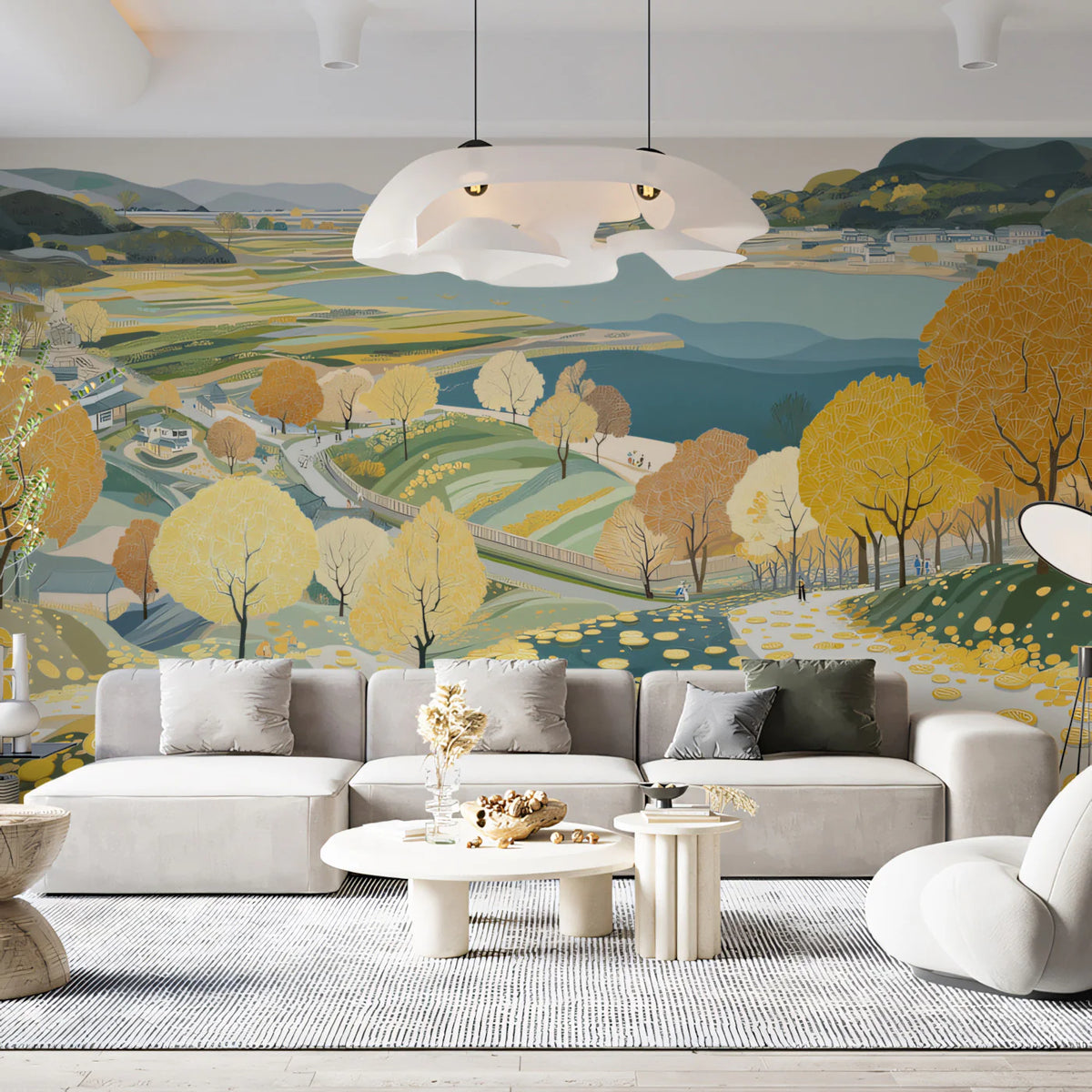Golden Autumn Valley Mural Wallpaper — Scenic Countryside Landscape Mural Wallpaper - pure wallpaper artwork