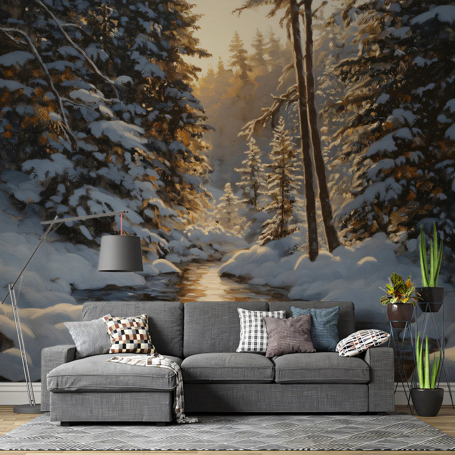Sunlit Winter Brook Mural Wallpaper — Impressionist Forest Scene Mural Wallpaper