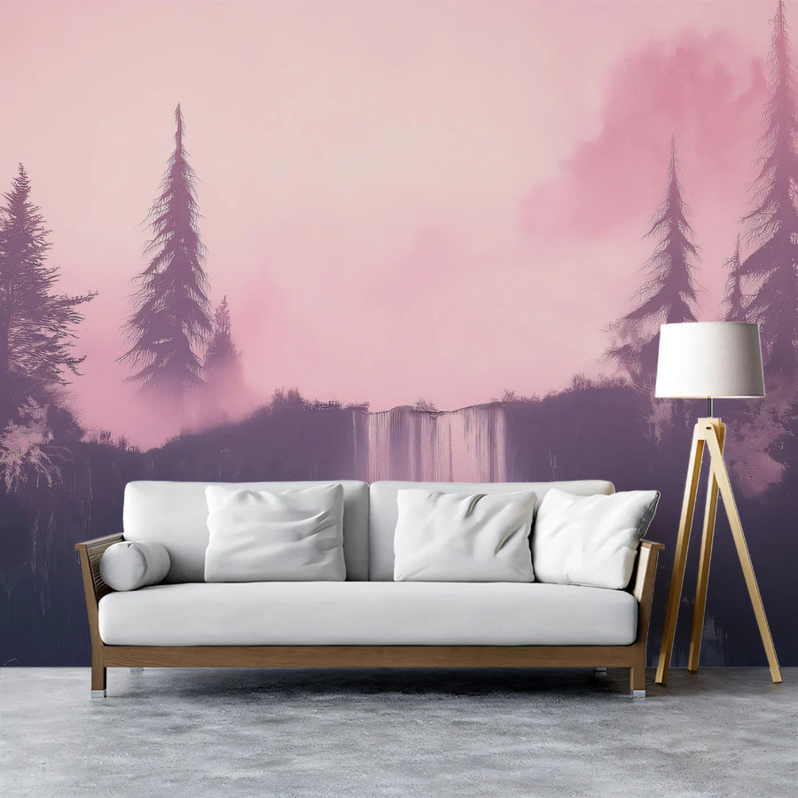 Lavender Mist Waterfall Mural — Ethereal Forest Landscape Wallpaper Mural Wallpaper