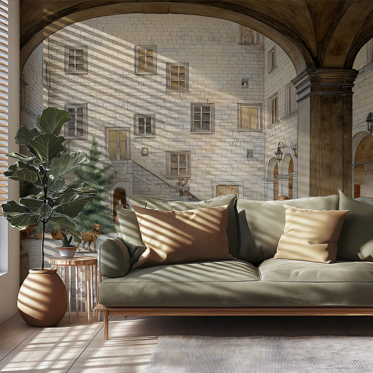 Renaissance Courtyard Mural Wallpaper — Classic Sketch Illustration Mural Wallpaper - pure wallpaper artwork