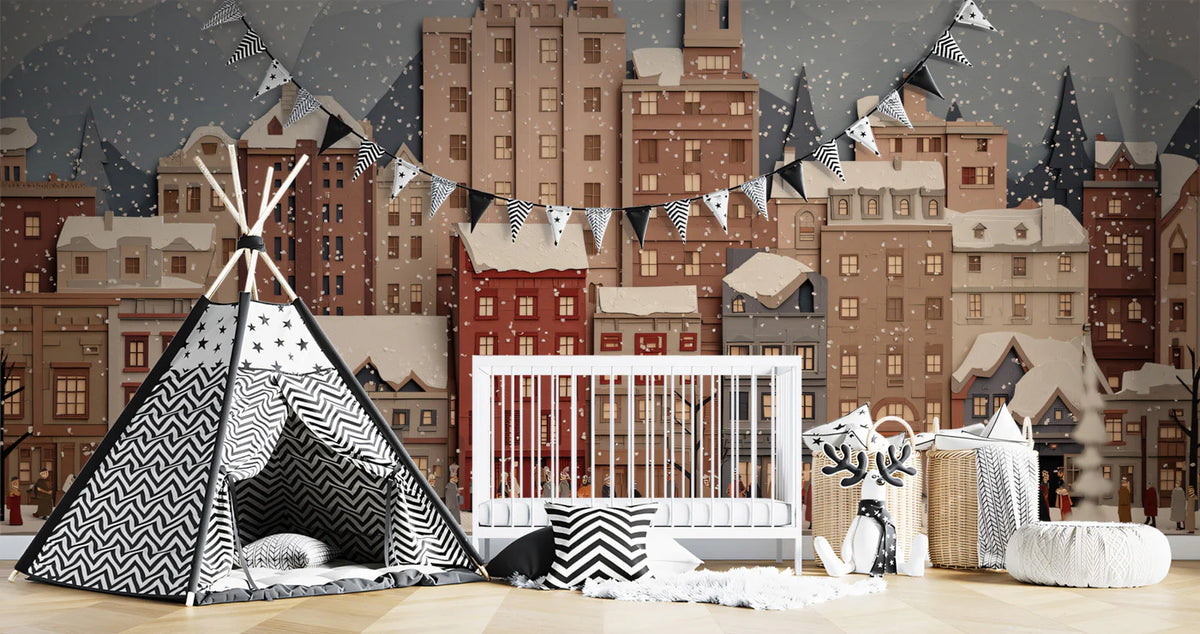 Snowy Paper-Cut Cityscape Mural — Whimsical Urban Winter Decor Mural Wallpaper - pure wallpaper artwork