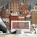 Snowy Paper-Cut Cityscape Mural — Whimsical Urban Winter Decor Mural Wallpaper - pure wallpaper artwork