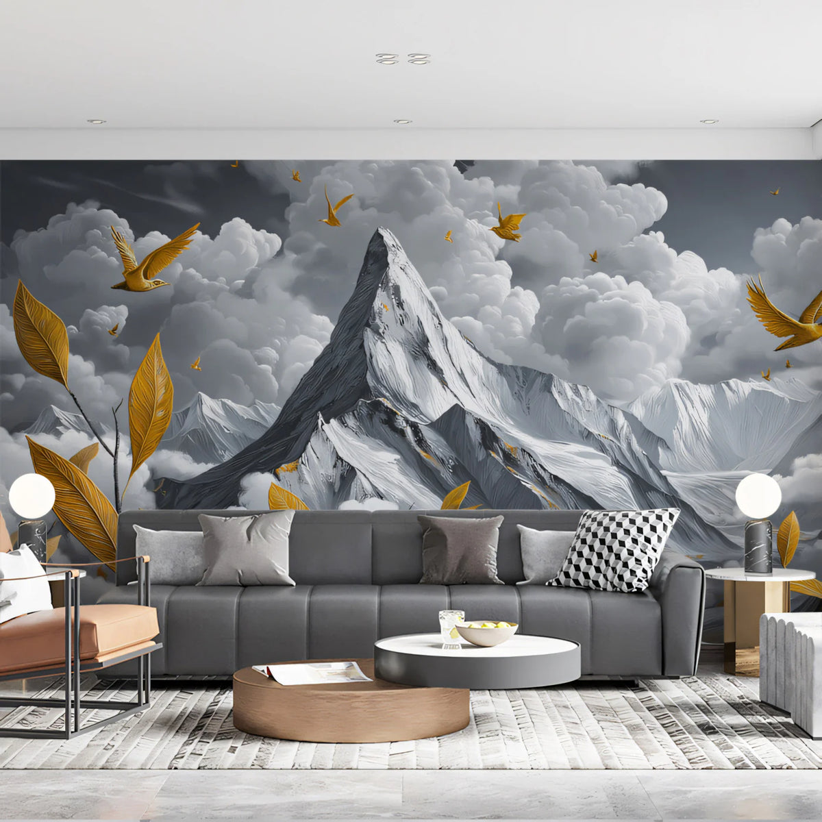 Golden Peaks and Flying Birds Mural Wallpaper — Surreal Landscape Mural Wallpaper - pure wallpaper artwork