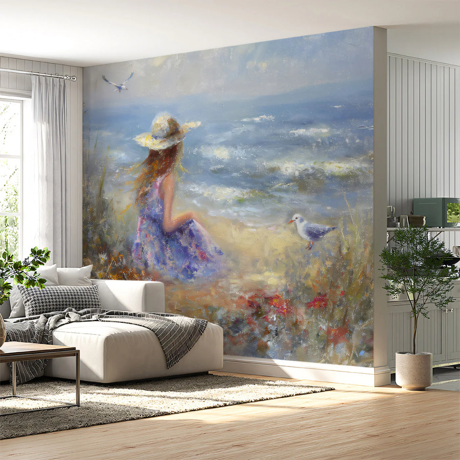 Coastal Impressionist Girl and Seagull Mural Wallpaper