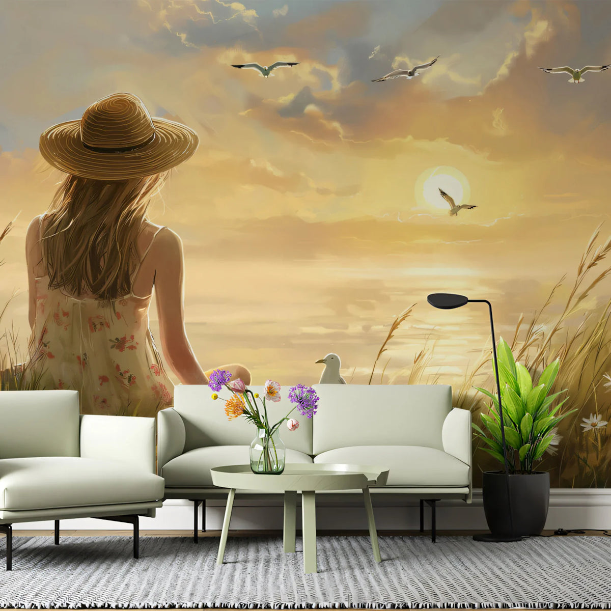 Coastal Sunset Girl Meadow Mural Wallpaper — Impressionistic Style Mural Wallpaper - pure wallpaper artwork