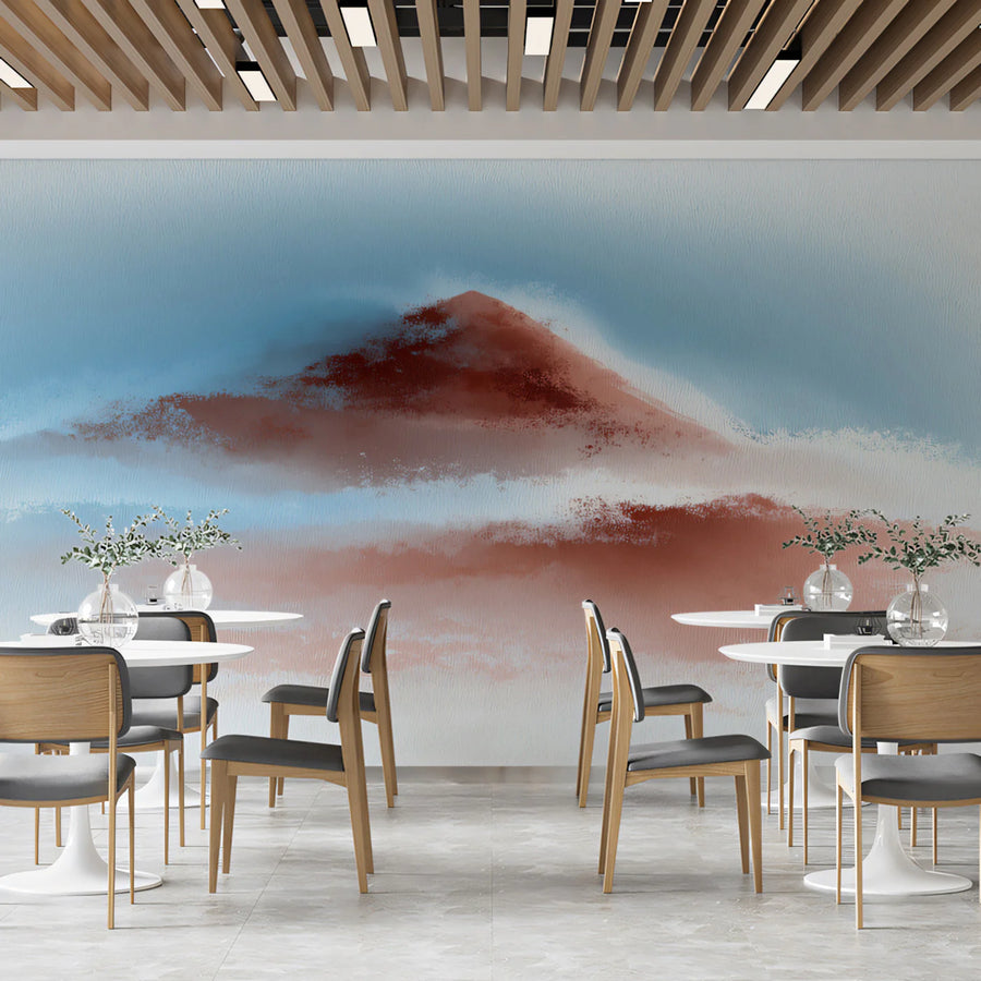 Crimson Peaks Watercolor Mural Wallpaper — Minimalist Zen Landscape Mural Wallpaper