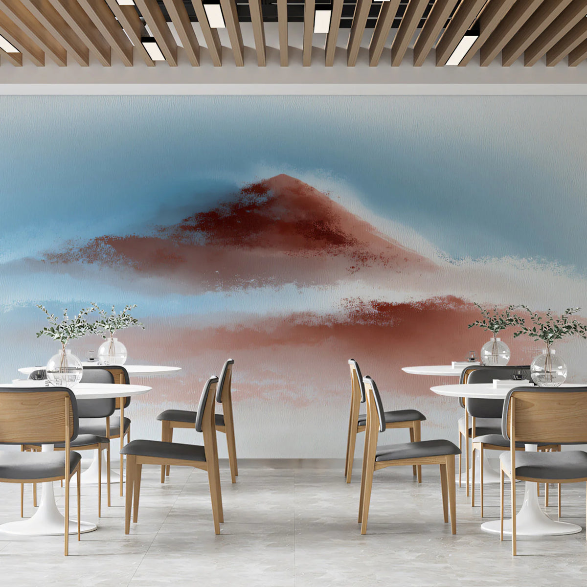 Crimson Peaks Watercolor Mural Wallpaper — Minimalist Zen Landscape Mural Wallpaper - pure wallpaper artwork