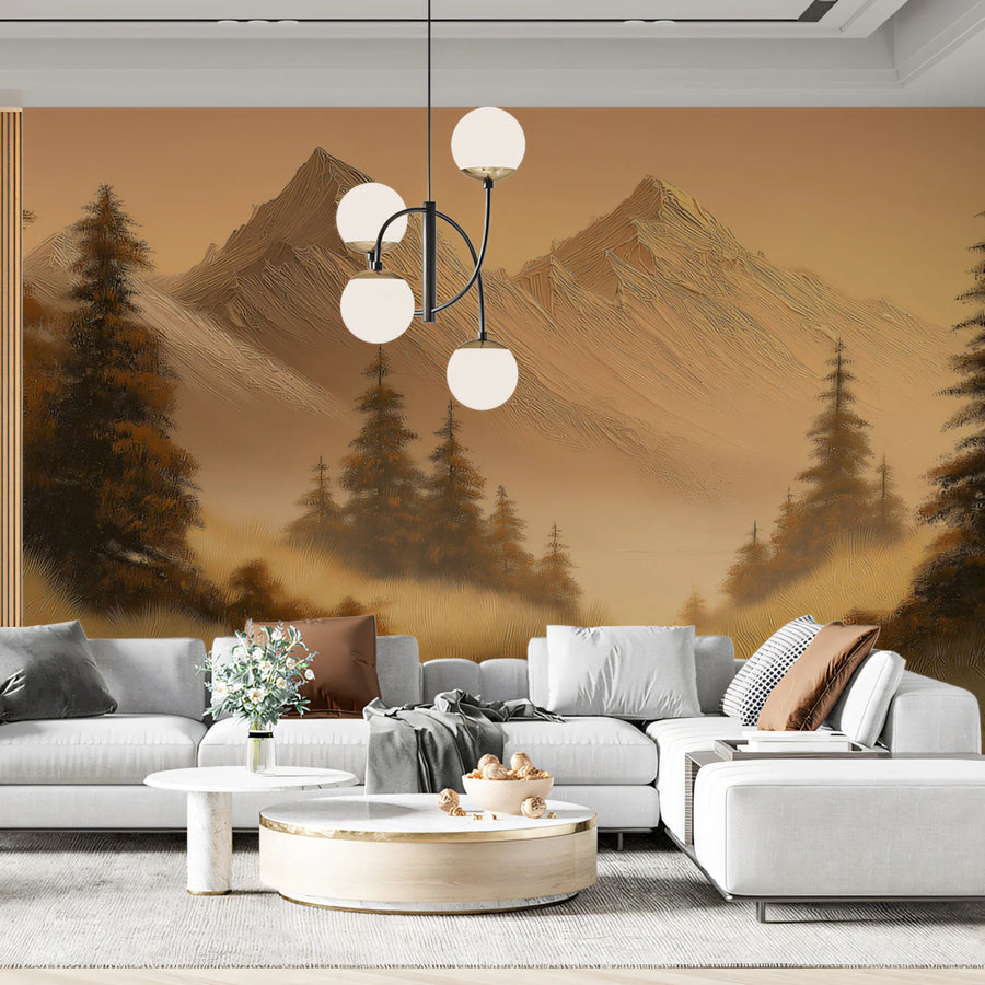 Golden Wilderness Mountain Stream Mural — Oil Painting Style Mural Wallpaper