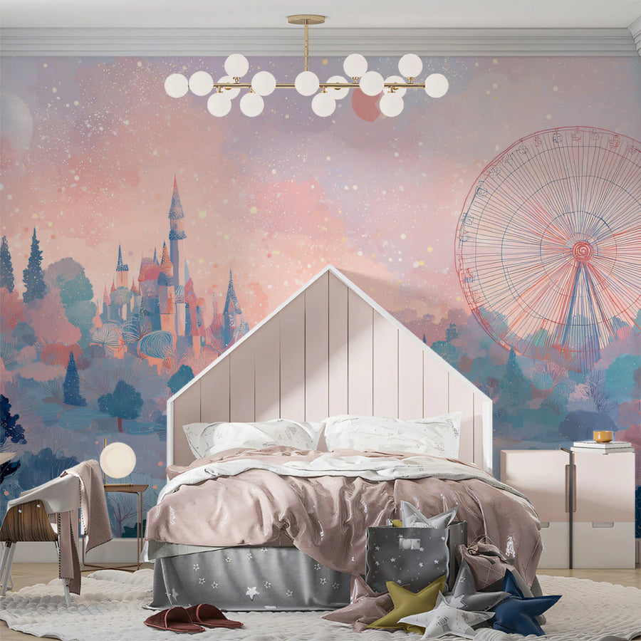 Celestial Fairground Mural Wallpaper — Whimsical Pastel Landscape Mural Wallpaper