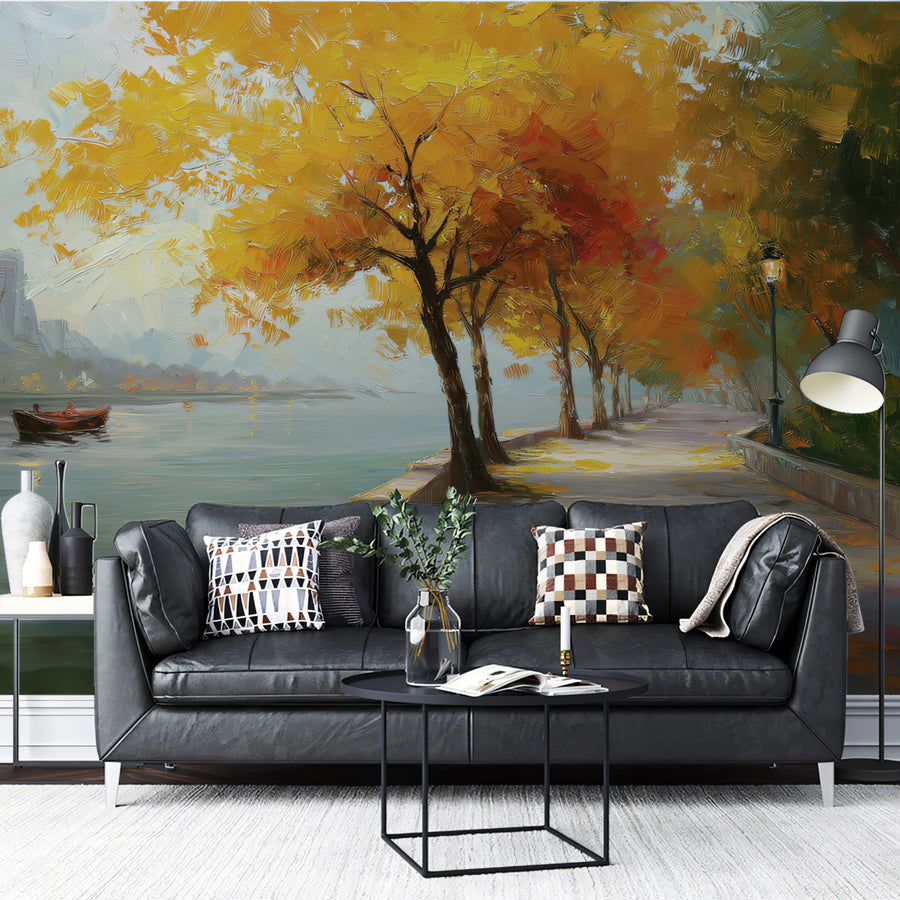 Autumn Lakeside Promenade Mural Wallpaper — Impressionistic Park Scene Mural Wallpaper