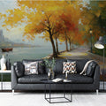 Autumn Lakeside Promenade Mural Wallpaper — Impressionistic Park Scene Mural Wallpaper - pure wallpaper artwork