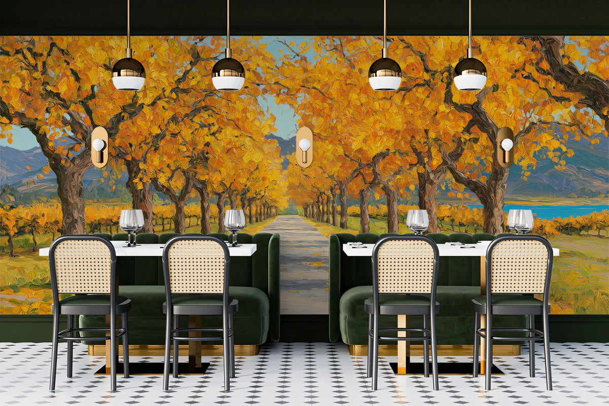 Golden Autumn Orchard Mural Wallpaper — Impressionistic Landscape Mural Wallpaper - pure wallpaper artwork