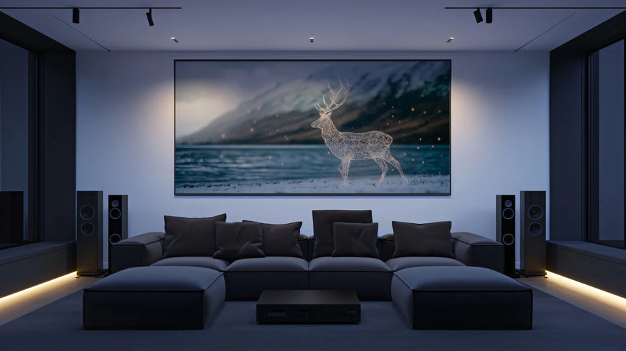 Wireframe Stag Lakeside Mural Wallpaper — Modern Digital Landscape Mural Wallpaper