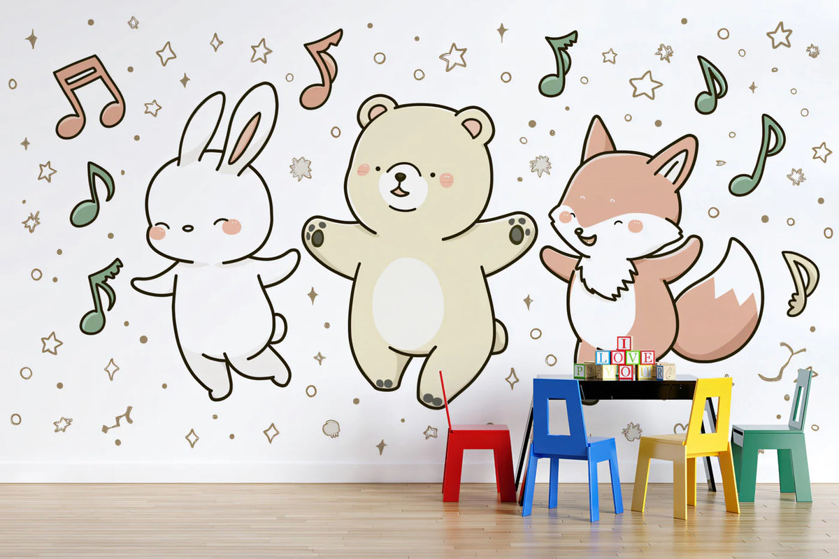 Forest Friends Musical Mural Wallpaper — Whimsical Kids Illustration Mural Wallpaper - pure wallpaper artwork