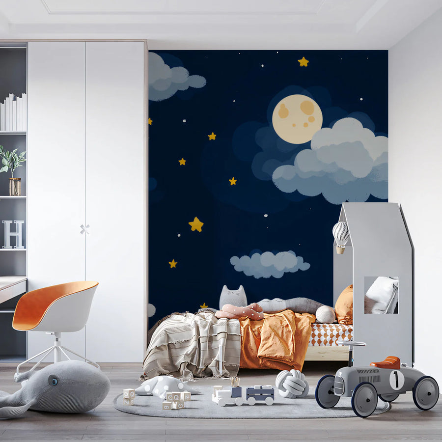 Starry Night Clouds Mural Wallpaper — Whimsical Night Sky Decor Mural Wallpaper