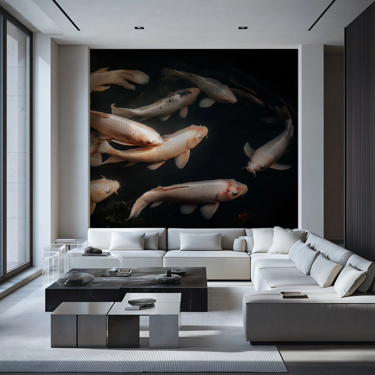 Floating Koi Fish Mural Wallpaper — Dramatic Monochrome Pond Art Mural Wallpaper - pure wallpaper artwork