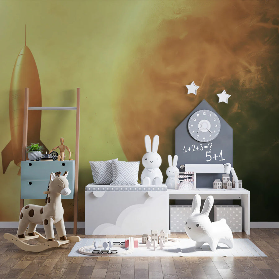 Vintage Rocket Space Mural Wallpaper — Retro Cinematic Martian Art Mural Wallpaper