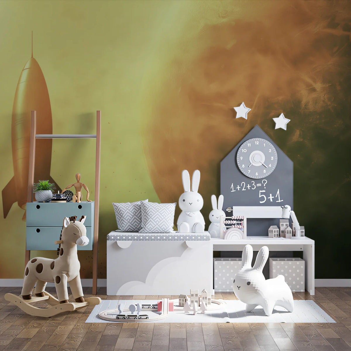 Vintage Rocket Space Mural Wallpaper — Retro Cinematic Martian Art Mural Wallpaper - pure wallpaper artwork