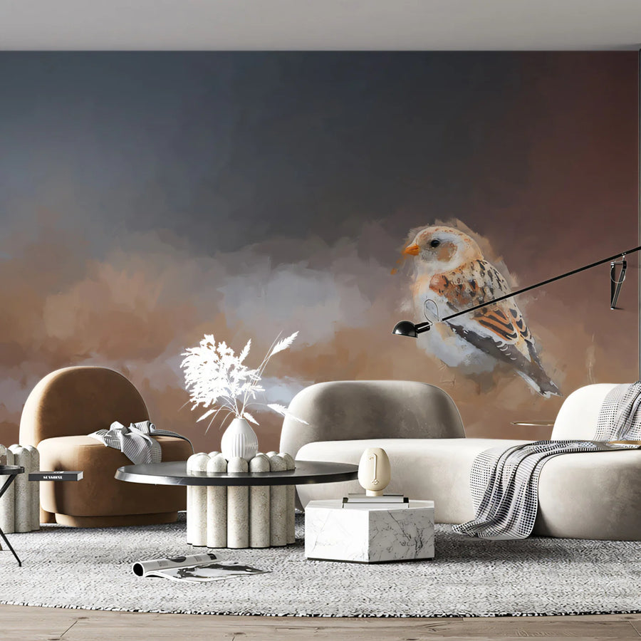 Snow Bunting Impressionist Mural Wallpaper — Muted Earthy Tones Mural Wallpaper