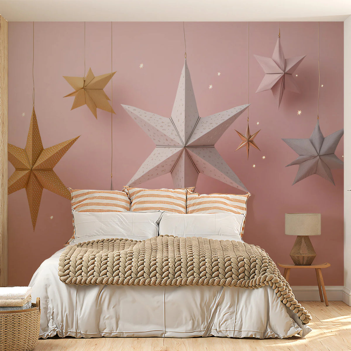 Hanging Paper Star Mural Wallpaper — Whimsical Soft Pink Decor Mural Wallpaper - pure wallpaper artwork