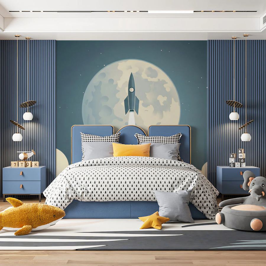 Lunar Rocket Ascent Mural Wallpaper — Minimalist Retro Space Art Mural Wallpaper