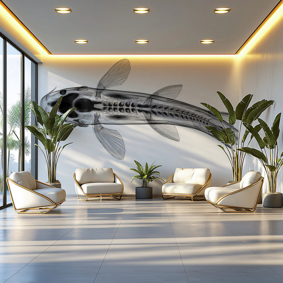 Koi X-Ray Anatomy Mural Wallpaper — Scientific Monochrome Minimalist Mural Wallpaper