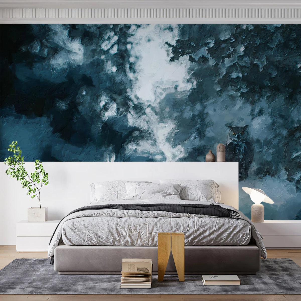 Snowy Owl Night Forest Mural Wallpaper — Moody Winter Art Mural Wallpaper - pure wallpaper artwork