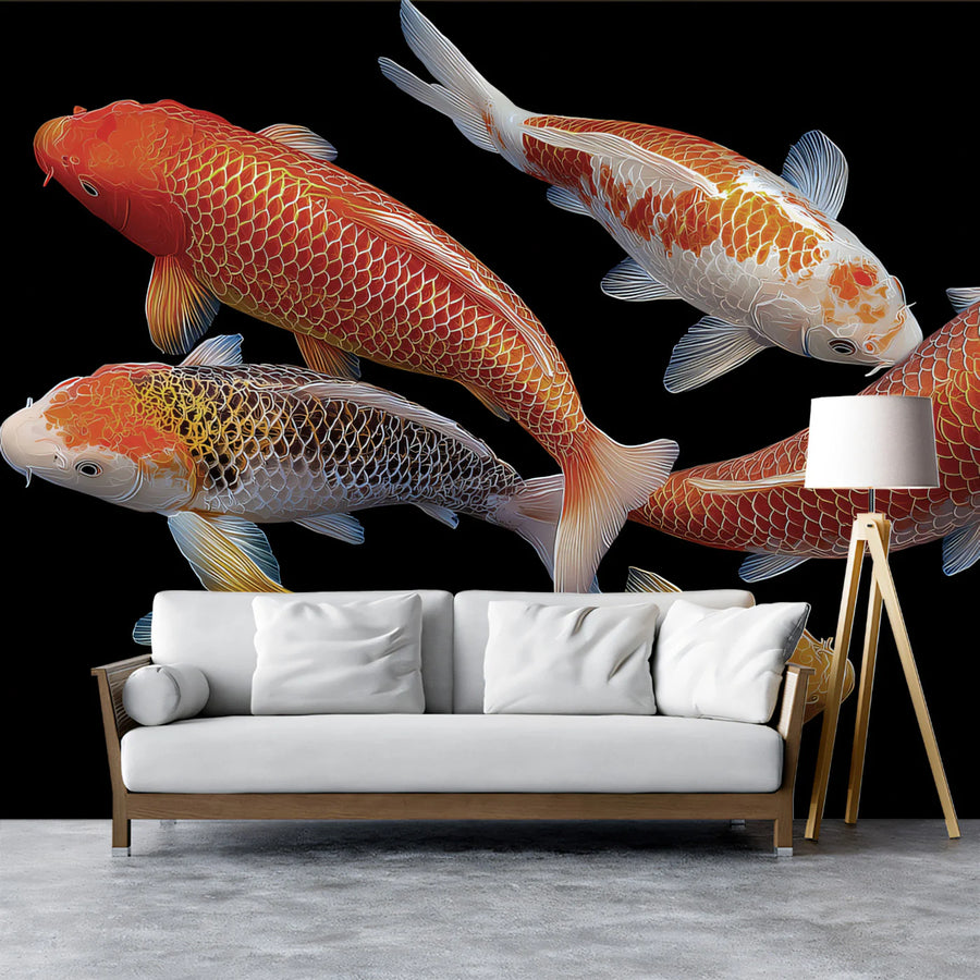 Imperial Koi School Mural Wallpaper — Deep Black Traditional Art Mural Wallpaper