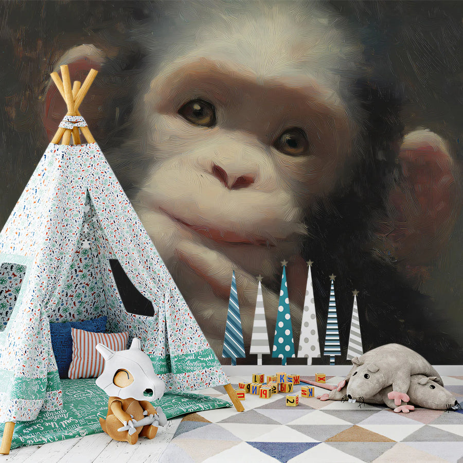 Contemplative Baby Chimp Oil Painting Mural Wallpaper