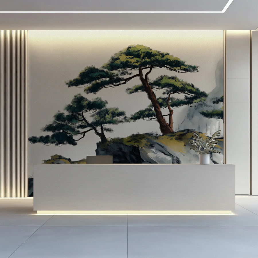 Zen Mountain Pine Mural Wallpaper — Ink Wash Landscape Mural Wallpaper