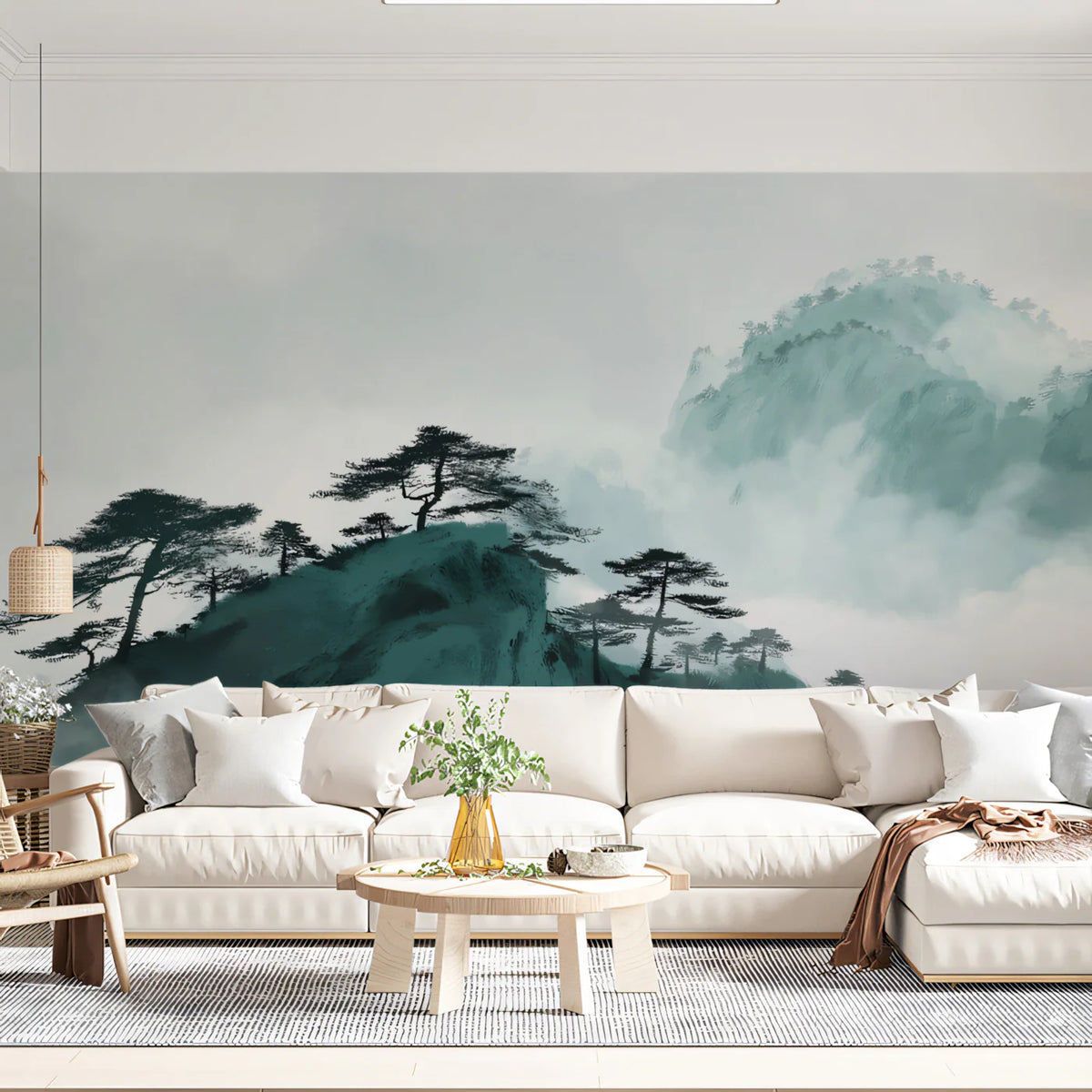 Mist-Shrouded Pine Mountain Mural Wallpaper — Ink Wash Landscape Mural Wallpaper - pure wallpaper artwork