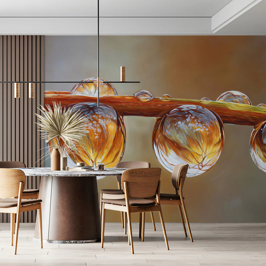 Golden Dewdrop Macro Mural Wallpaper — Artistic Botanical Detail Mural Wallpaper