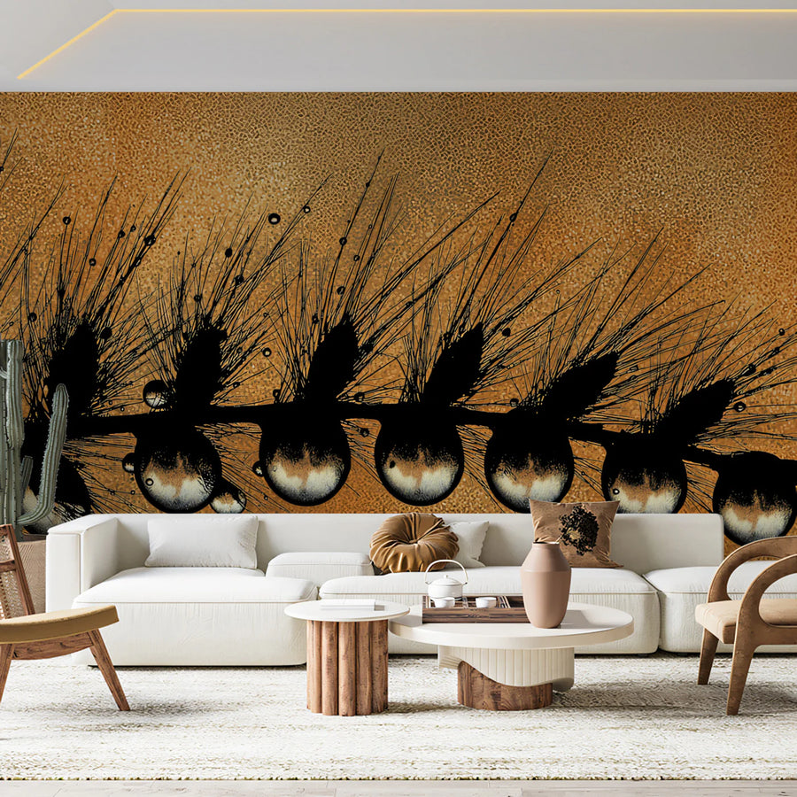 Macro Dewdrop Grass Mural Wallpaper — Warm Amber Botanical Art Mural Wallpaper