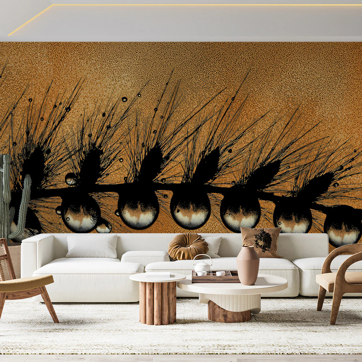 Macro Dewdrop Grass Mural Wallpaper — Warm Amber Botanical Art Mural Wallpaper - pure wallpaper artwork