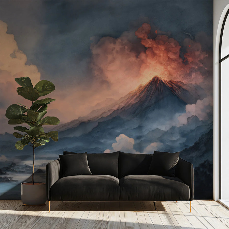 Volcano Ascent Watercolor Mural Wallpaper — Moody Mountain Landscape Mural Wallpaper