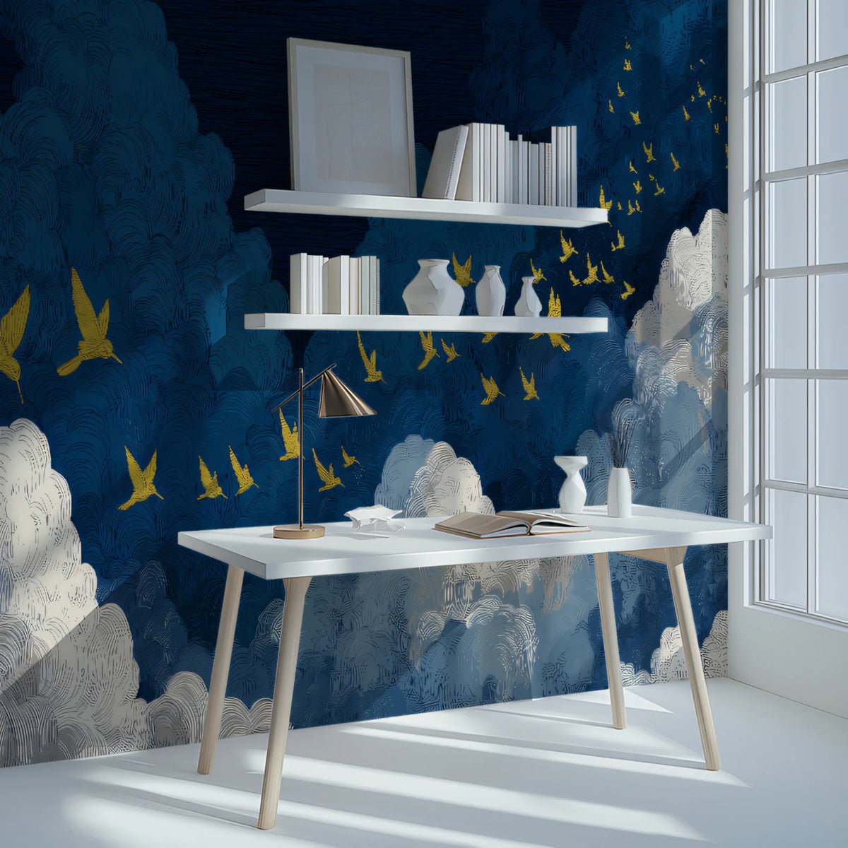 Golden Swallows Mural Wallpaper — Midnight Sky Artistic Design Mural Wallpaper - pure wallpaper artwork